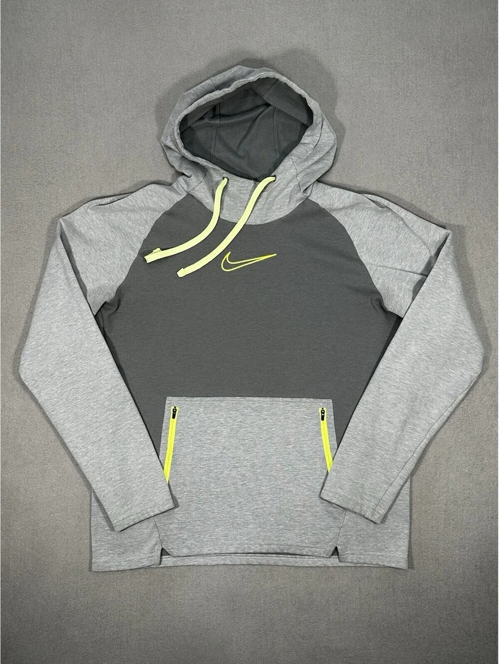 Nike Therma Fit Hoodie Men’s Large Gray Neon Swoosh Pullover Sweatshirt